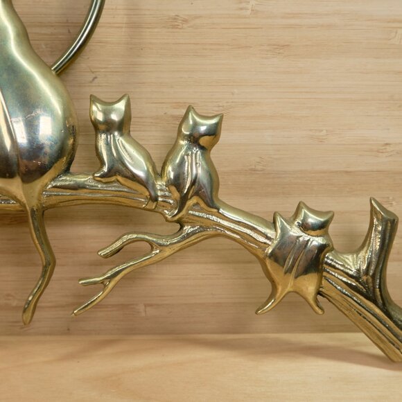Vintage Brass Cat Family on Branch Wall Hanging / Cats Under Moon Wall Plaque - Picture 3 of 8